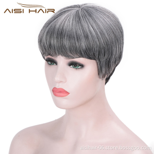 Aisi Hair Straight Bob Wigs Synthetic Hair Short Party Hair Cosplay Wig for Women Grey Mixed Black Short Bob Wigs
